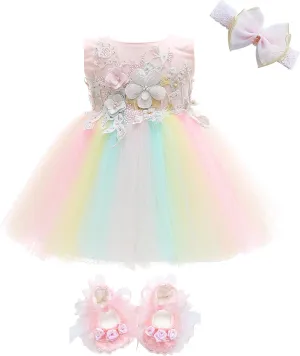 Weileenice Baby Girls Wedding Dress Rainbow Tulle 3D Embroidery Princess Tutu Dresses
