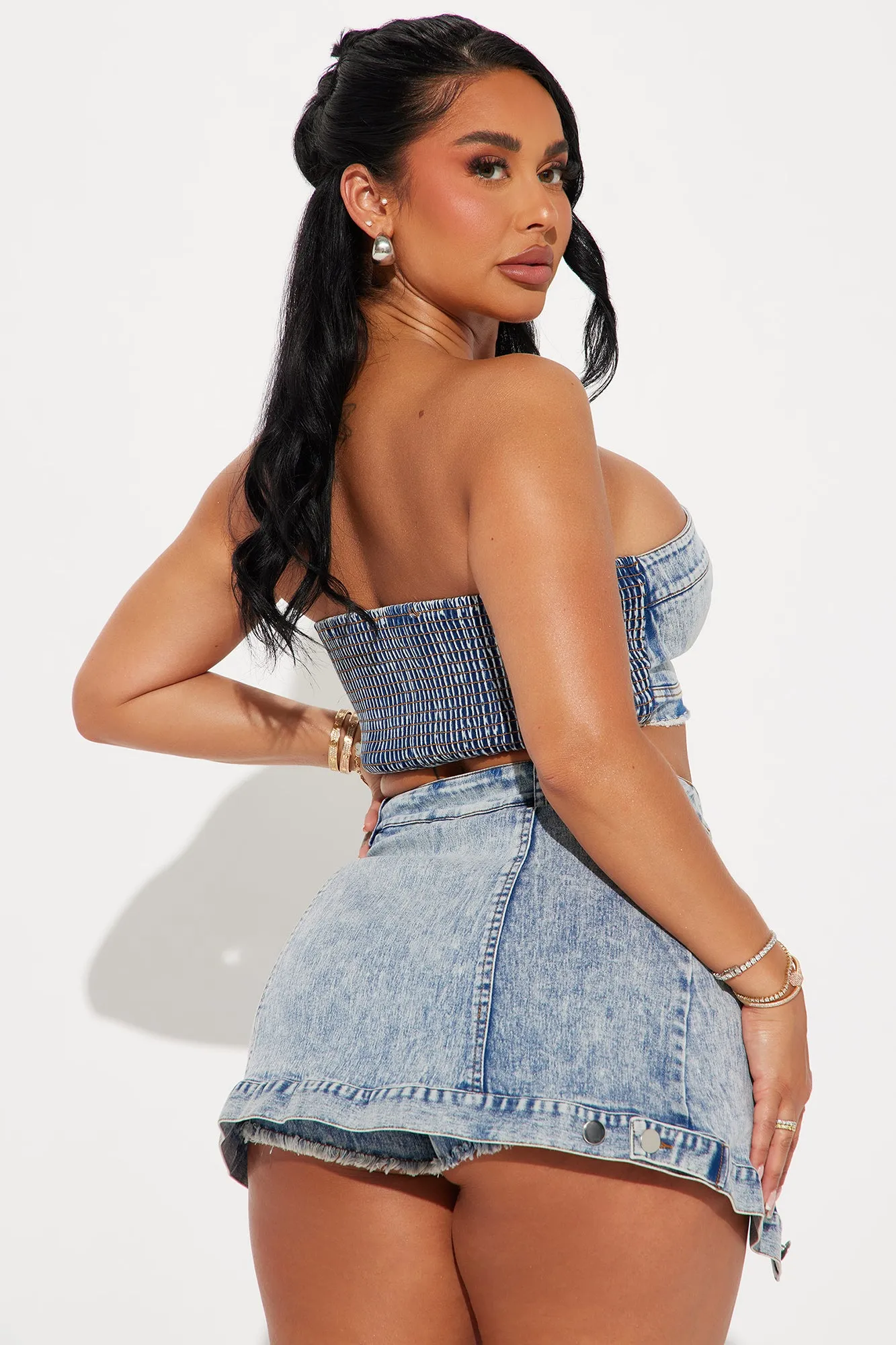 What Plans Washed Denim Skort Set - Light Wash